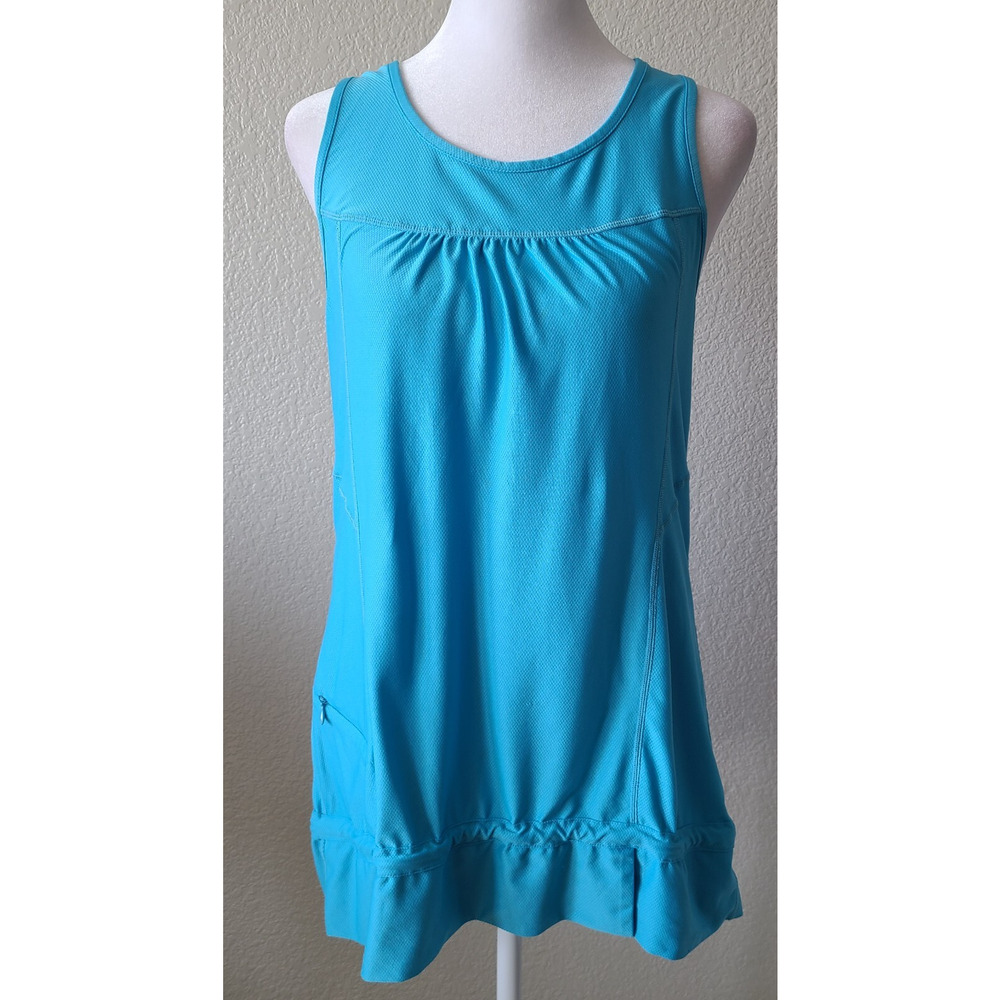 Athleta Womens Long Tank Top Medium Racerback Zip‎ Pocket Slit Hem Ruching